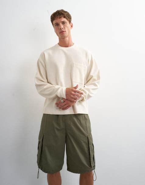 Topman relaxed-fit cropped piqué waffle T-shirt met lange mouwen in ecru - view 1