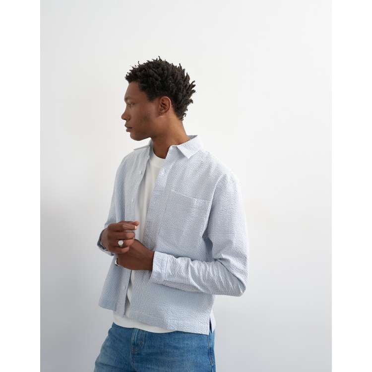 Topman relaxed fit cropped seersucker shirt in light blue | ASOS