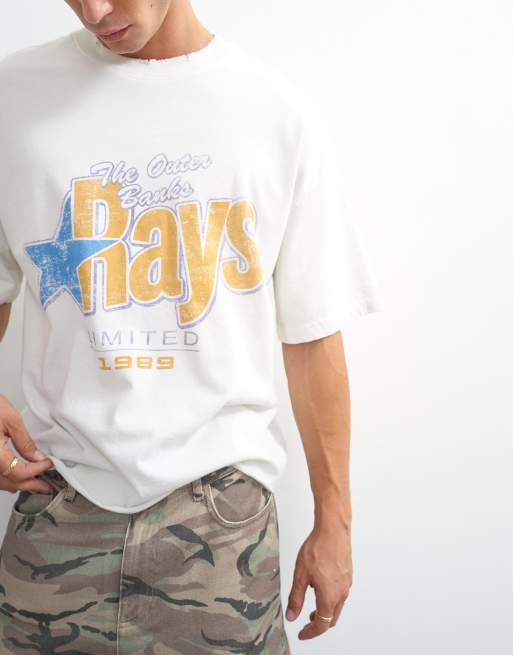 Topman relaxed fit cropped T-shirt med vintage rays-print og slidt effekt i ivory, 4 af 5