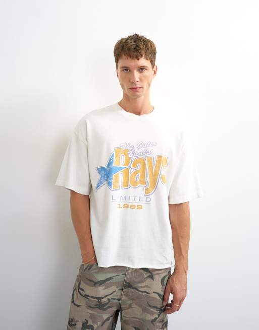 Topman relaxed fit cropped T-shirt med vintage rays-print og slidt effekt i ivory, 5 af 5