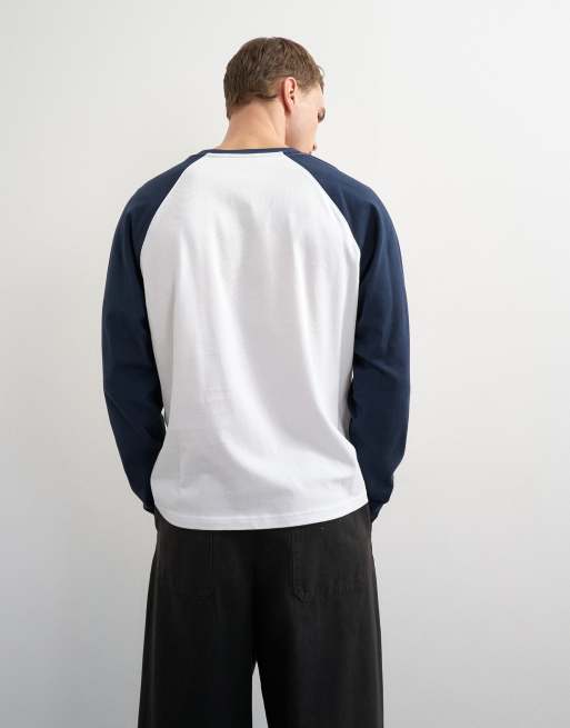Topman relaxed-fit cropped T-shirt met lange raglanmouwen in navy en wit, 2 van 9