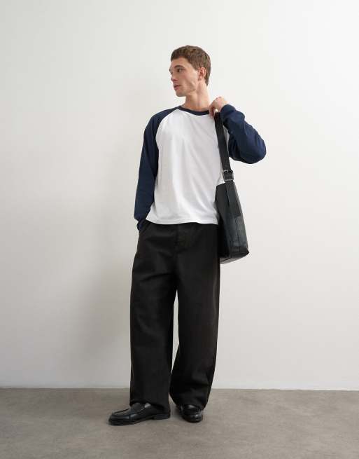 Topman relaxed-fit cropped T-shirt met lange raglanmouwen in navy en wit, 5 van 9