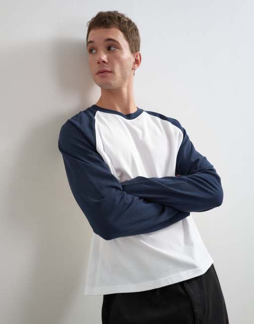 Topman Relaxed Fit Cropped T-Shirt mit langen Raglanärmeln in Marineblau und Weiß, 3 von 9