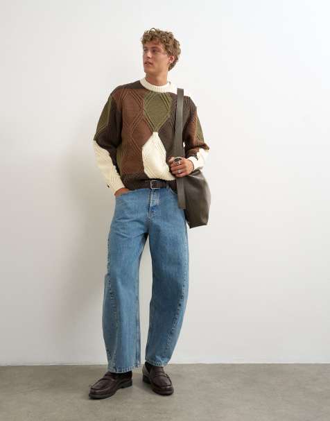 Topman relaxed fit diamond cable knit jumper with camo design in multi - view 1