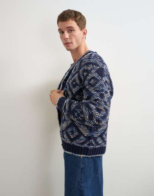 Topman relaxed fit diamond knitted cardigan in navy, 3 of 5