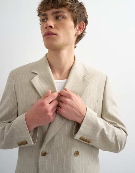 Topman relaxed fit double breasted stripe blazer in stone, 3 of 6