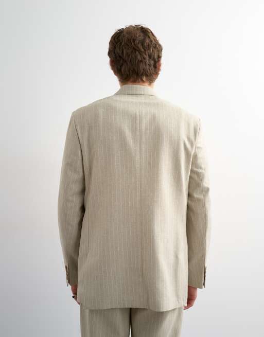 Topman relaxed fit double breasted stripe blazer in stone, 4 of 6