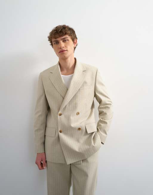 Topman relaxed fit double breasted striped blazer in stone, 2 of 6