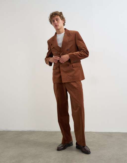 Topman relaxed fit double breasted velour stripe blazer in tan, 2 of 5