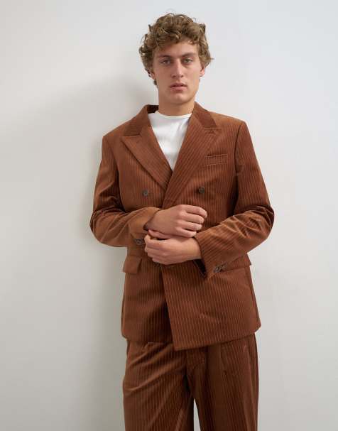 Topman relaxed fit double breasted velvet stripe blazer in tan - view 1