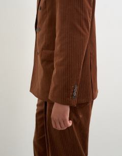 Model wearing Relaxed fit double breasted velvet stripe blazer in tan