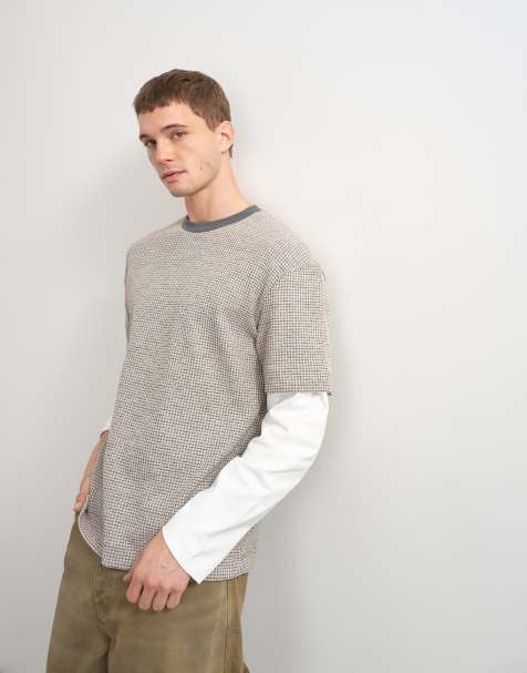 Topman relaxed fit double layered waffle t-shirt in oatmeal - view 1