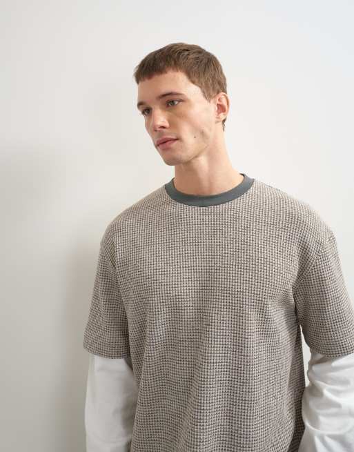 Topman relaxed fit dubbel gelaagd wafel-T-shirt in oatmeal, 2 van 5