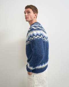 Model wearing Relaxed fit fairisle knitted jumper in navy