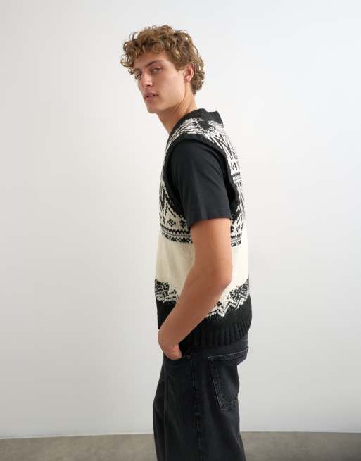 Topman relaxed fit fairisle knitted v neck tank in black, 5 of 5