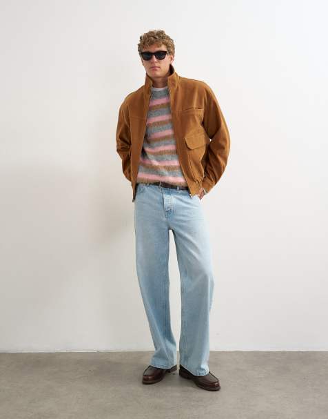 Topman relaxed fit faux suede funnel neck bomber jacket with double zip in tan - view 1