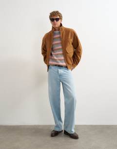 Model wearing Relaxed fit faux suede funnel neck bomber with double zip in tan
