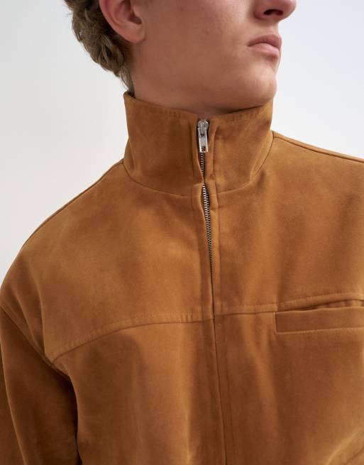 Topman relaxed fit faux suede funnel neck bomber with double zip in tan, 4 of 5
