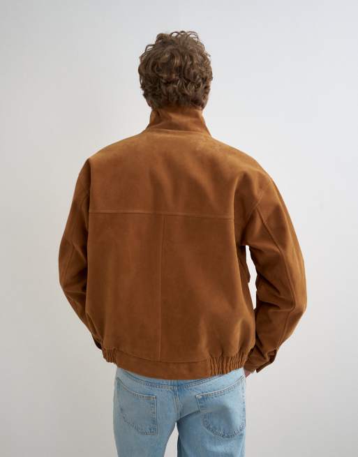 Topman relaxed fit faux suede funnel neck bomber with double zip in tan, 5 of 5