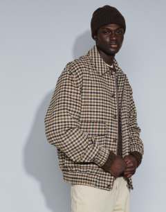 Model wearing Relaxed fit faux wool check harrington with double zip in neutral