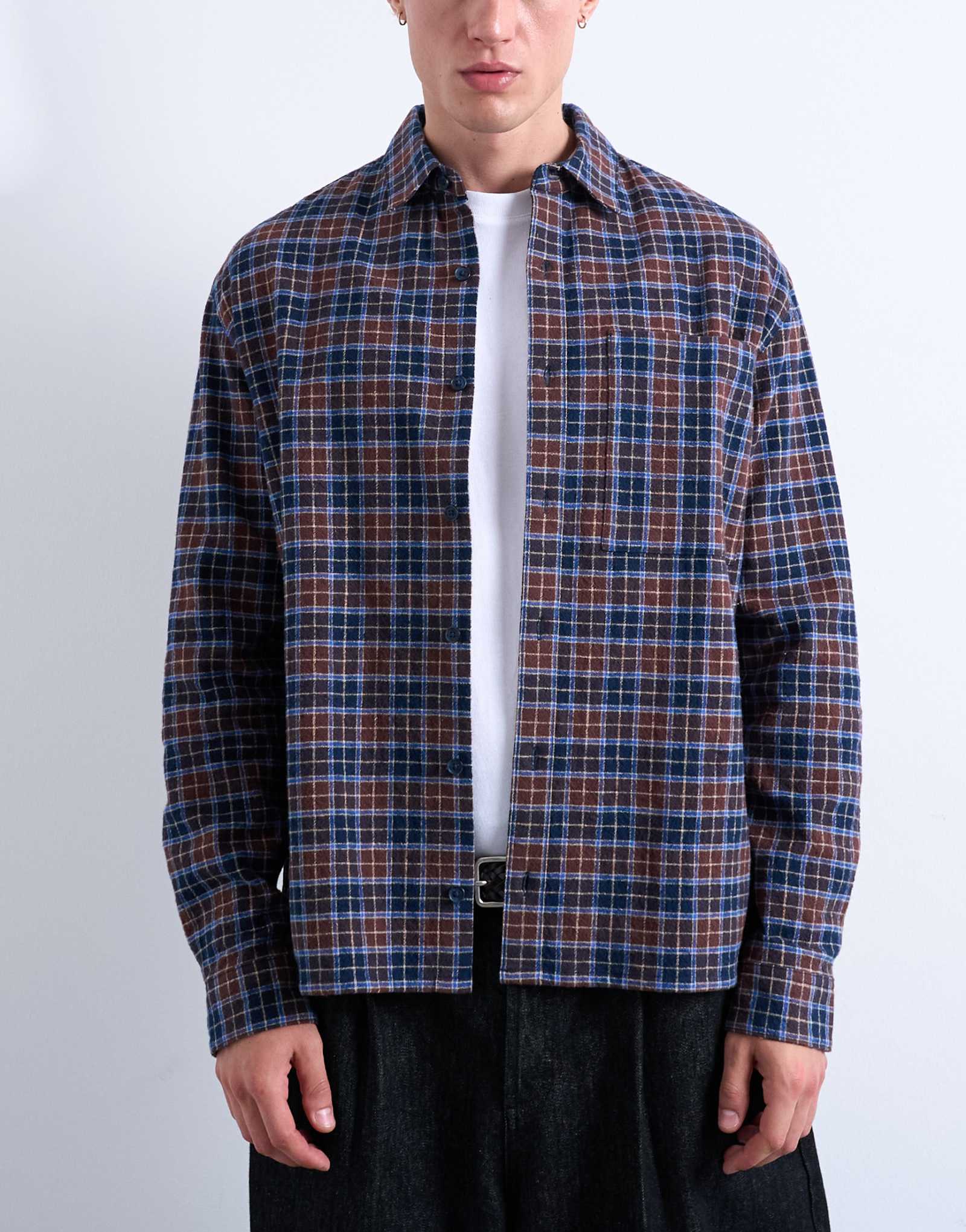 Фланелевая клетчатая рубашка свободного покроя Topman коричневого цвета