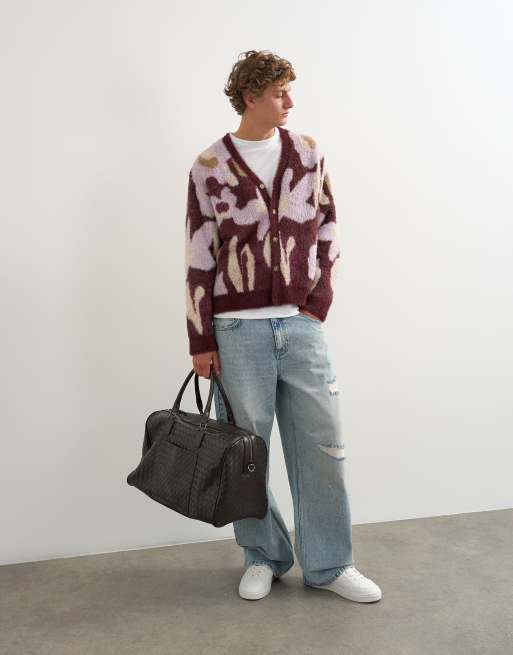 Topman Relaxed Fit flauschiger Cardigan mit Blumenmuster in Burgunderrot, 4 von 5