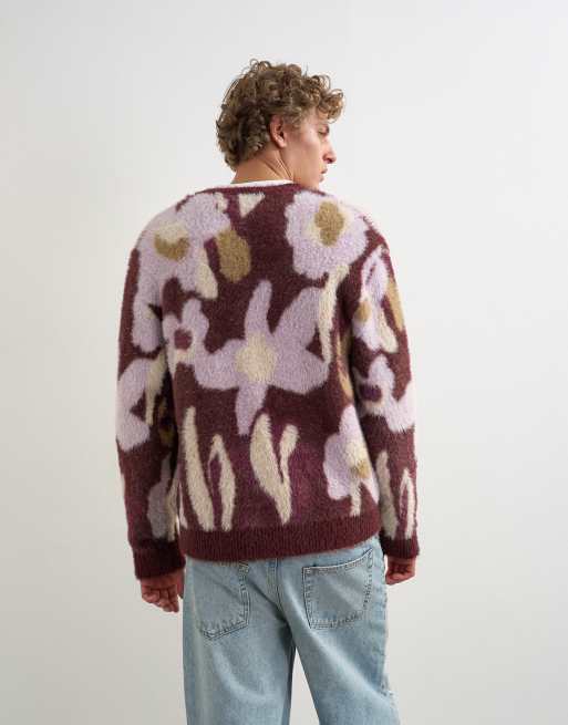 Topman Relaxed Fit flauschiger Cardigan mit Blumenmuster in Burgunderrot, 5 von 5