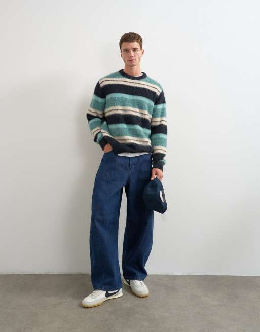 Topman Relaxed Fit flauschiger gestreifter Strickpullover in Petrol, 5 von 5