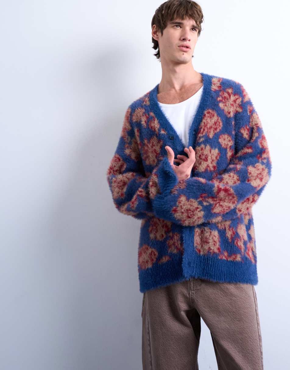 TOPMAN Relaxed fit floral knit cardigan in purple
