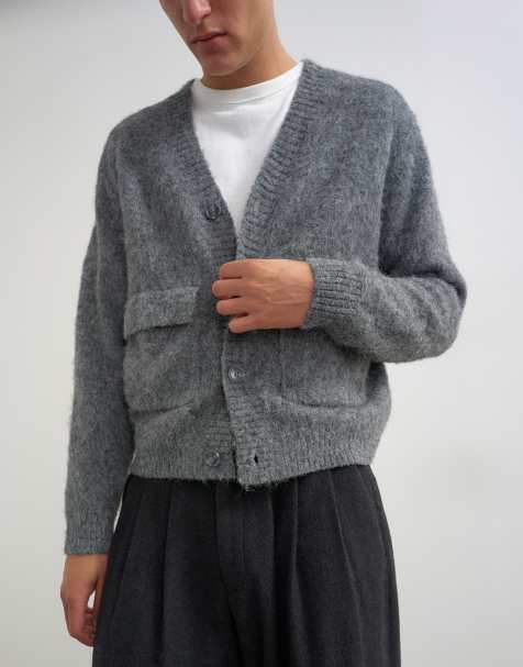 Topman relaxed fit fluffig stickad kofta med dubbla fickor i grått - view 1