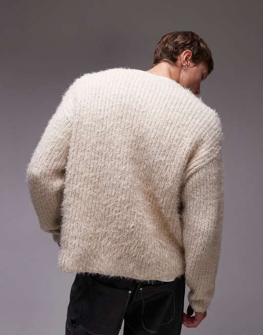 Topman relaxed fit fluffy cardigan in ecru ASOS
