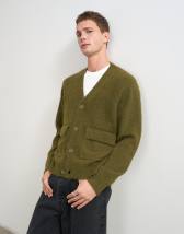 Topman relaxed fit fluffy double pocket knitted cardigan in khaki