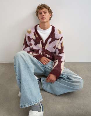 Topman Relaxed Fit Fluffy Floral Cardigan In Burgundy