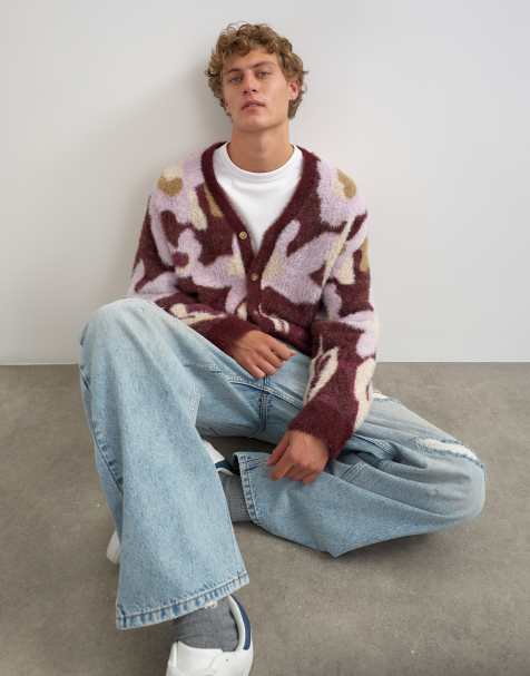 Topman relaxed fit fluffy floral cardigan in burgundy - view 1