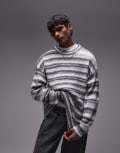 [Topman] Topman relaxed fit fluffy jumper in grey stripe XL Grey stripe