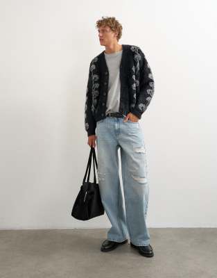 Topman Relaxed Fit Fluffy Knit Cardigan With Floral Design In Multi