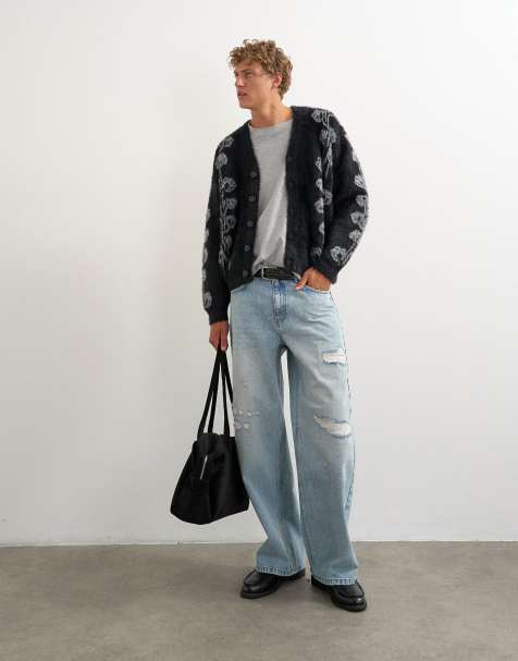 Topman relaxed fit fluffy knit cardigan with floral design in black - view 1
