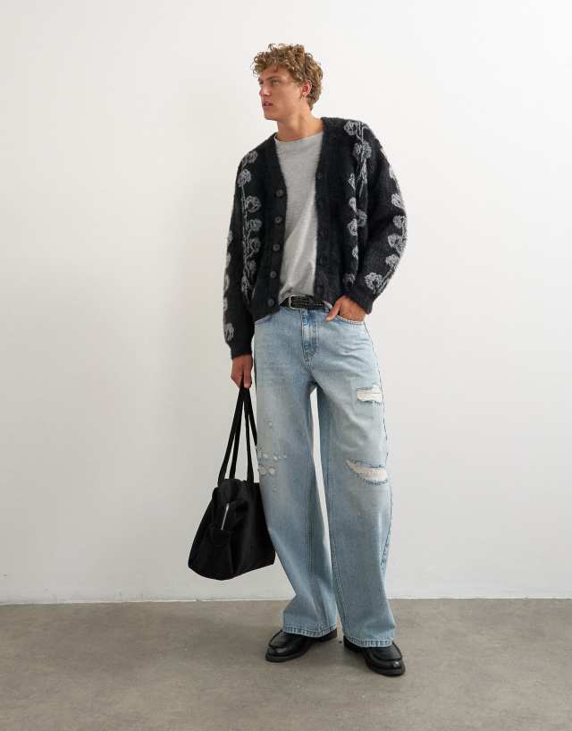 Topman relaxed fit fluffy knit cardigan with floral design in