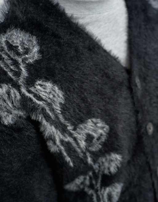 Topman relaxed fit fluffy knit cardigan with floral design in black, 3 of 5
