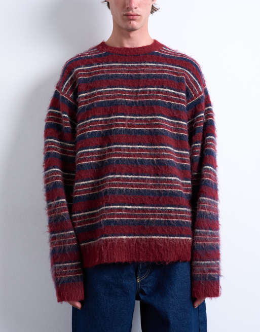 Topman relaxed fit fluffy knit striped sweater in burgundy