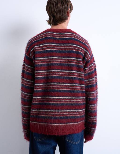 Topman relaxed fit fluffy knit striped sweater in burgundy