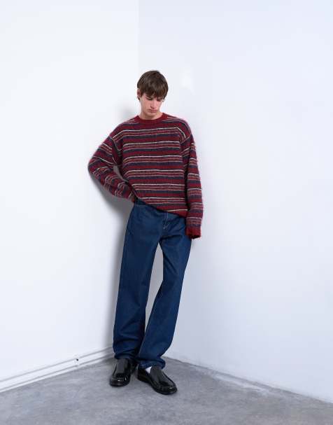Topman relaxed fit fluffy knitted stripe jumper in burgundy - view 1