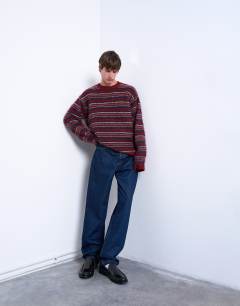 Relaxed fit fluffy knitted stripe jumper in burgundy