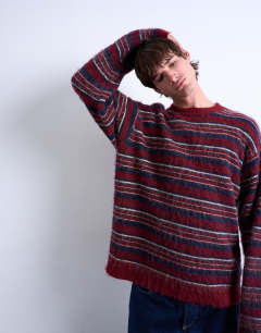 Model wearing Relaxed fit fluffy knitted stripe jumper in burgundy