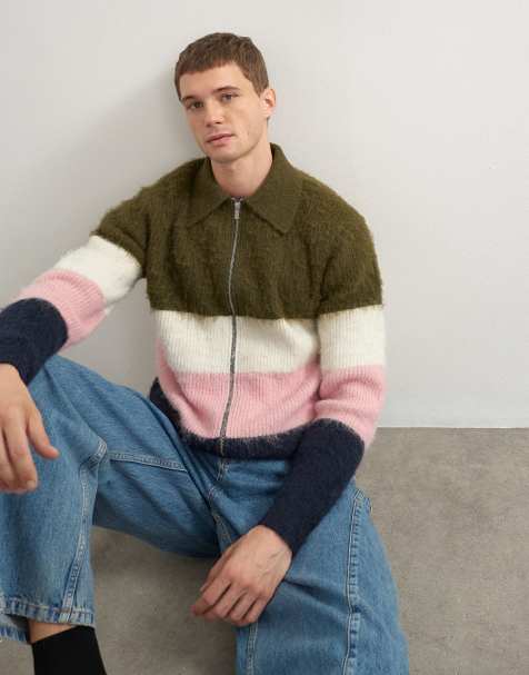 Topman relaxed fit fluffy knitted zip through stripe polo in multi - view 1