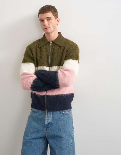 Topman relaxed fit fluffy knitted zip through stripe polo in multi, 3 of 9