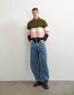 Model wearing Relaxed fit fluffy knitted zip through stripe polo in multi