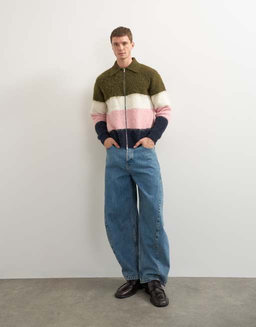 Topman relaxed fit fluffy knitted zip through stripe polo in multi, 4 of 9