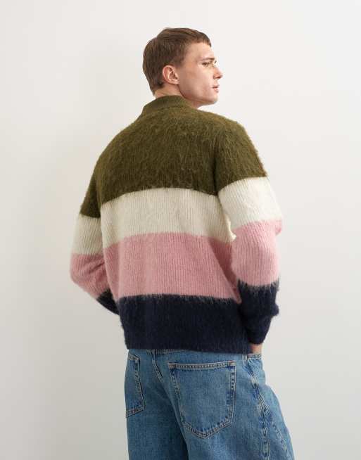 Topman relaxed fit fluffy knitted zip through stripe polo in multi, 5 of 9