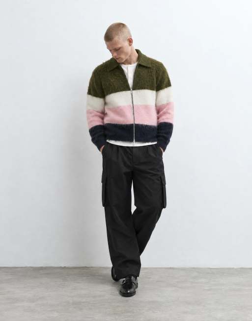 Topman relaxed fit fluffy knitted zip through stripe polo in multi, 6 of 9